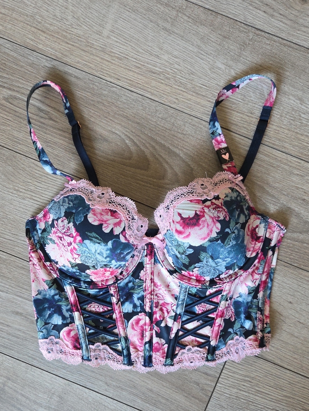 Victoria's Secret Floral Longline Bustier Bra in Pink and Navy